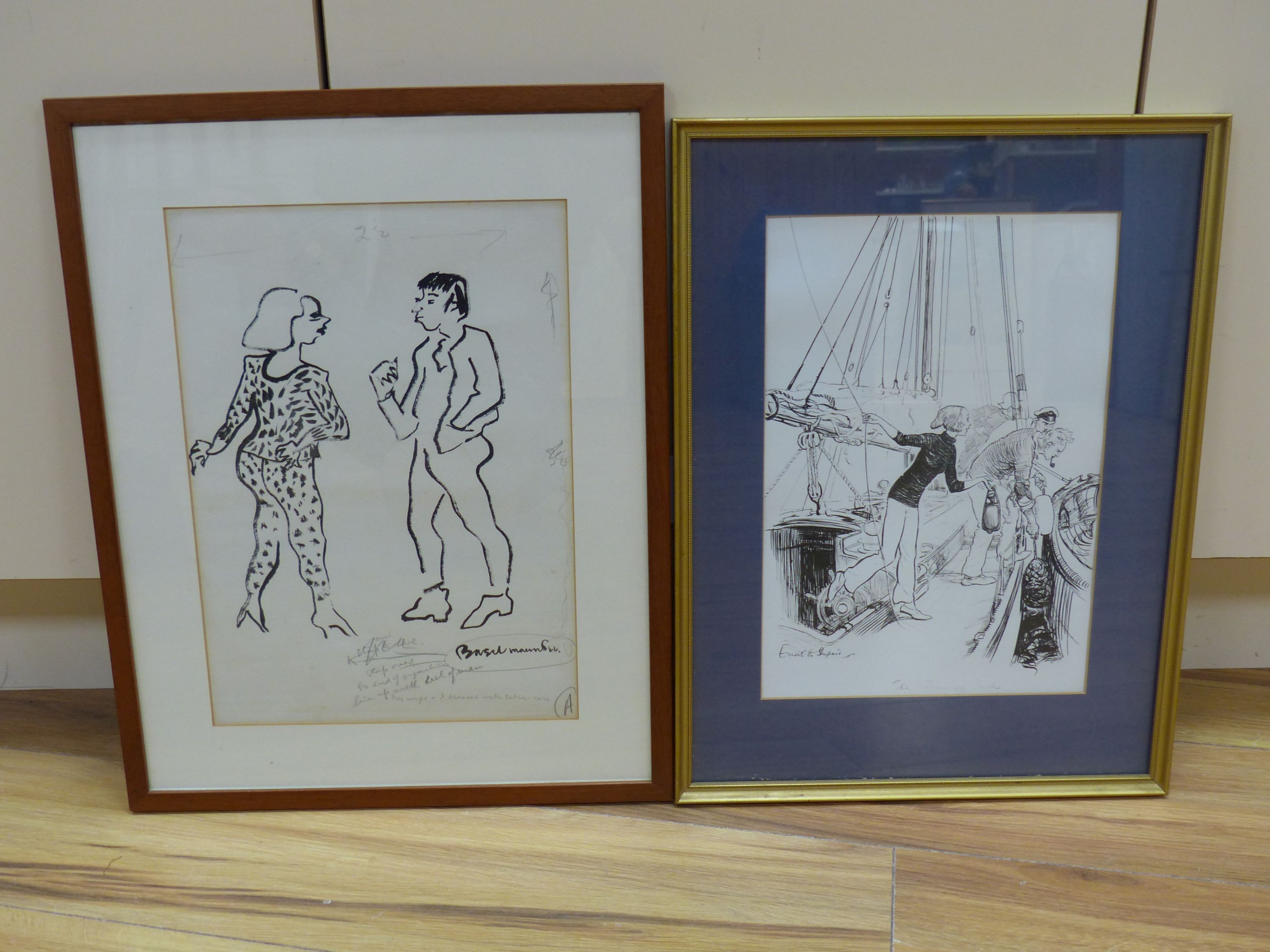 Basil Maunder, watercolour cartoon 'My Wife and I dressed with extra care', signed, 34 x 25cm and a reprint of an Ernest Shepherd drawing